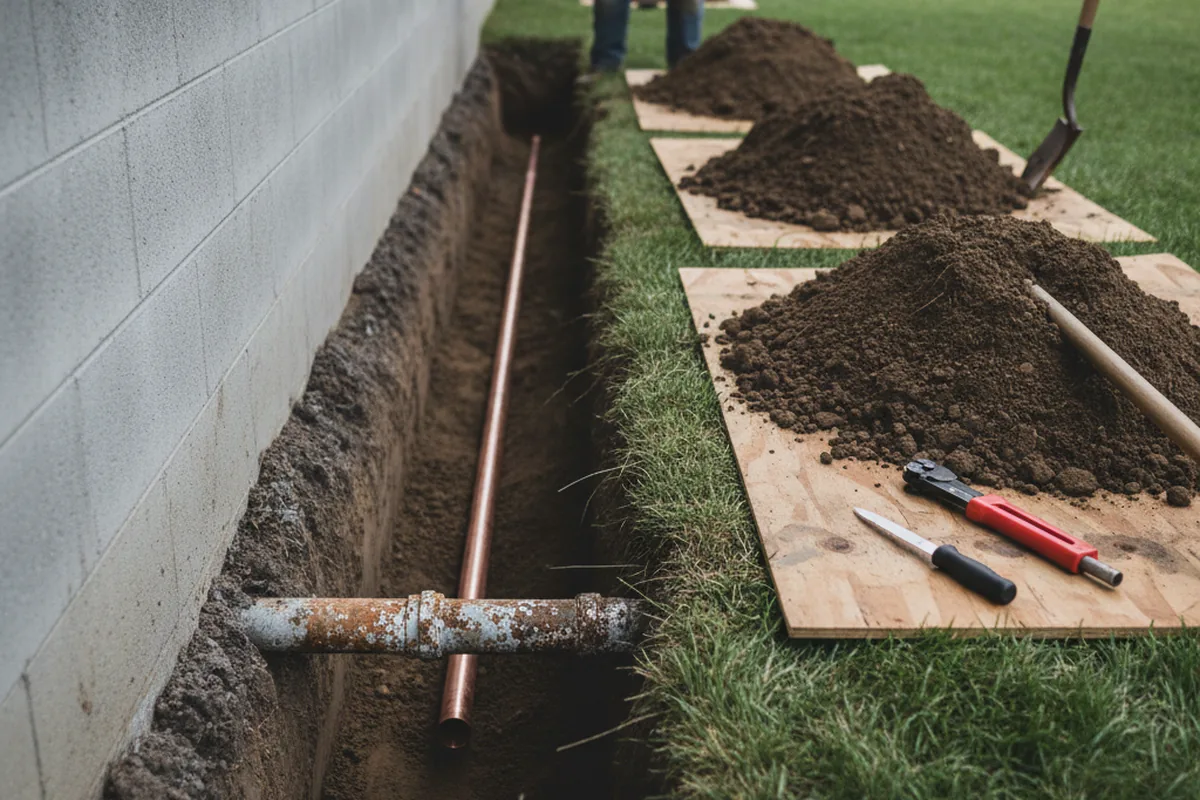 Excavated water line trench during Sewer Line Repair in West River